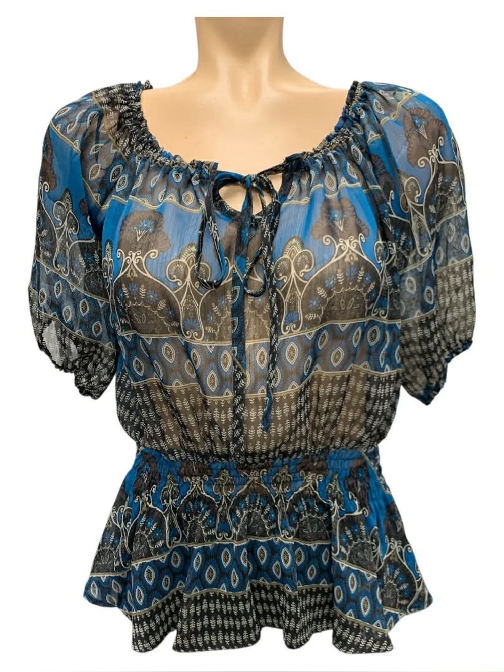 Costa Blanca Blue and Brown Printed Peasant Blouse Size XS